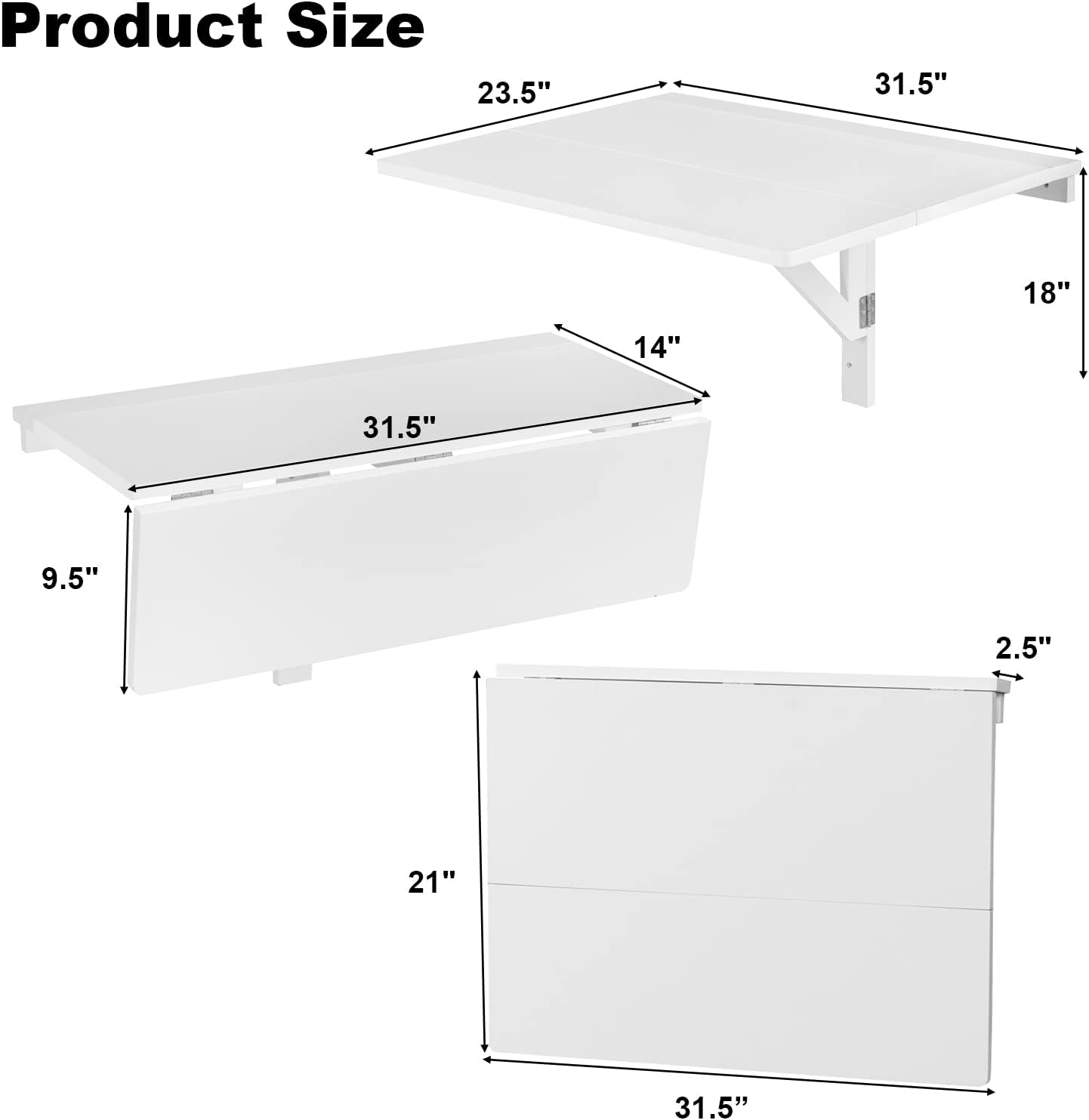 COSTWAY Wall Mounted Folding Table, 31.5" x 23.5" Drop-Leaf Floating Writing Desk for Small Spaces, Space-Saving Fold Down Laptop Workstation for Kitchen, Bedroom, Laundry Room, Study Room (White)