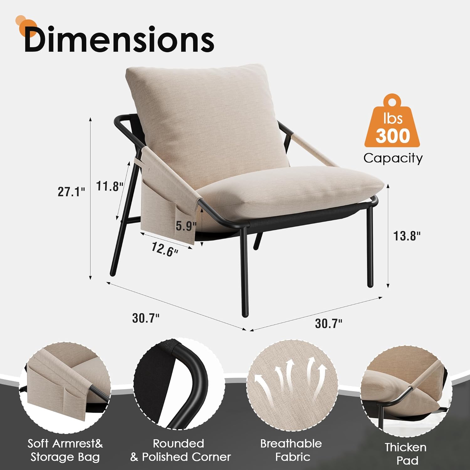 Apicizon Accent Chairs Set of 2, Cozy Soft Living Room Chairs, Modern Metal Frame Reading Chair with Pockets Back Pillow, Comfortable Accent Chair for Study Room Bedroom Office, Beige