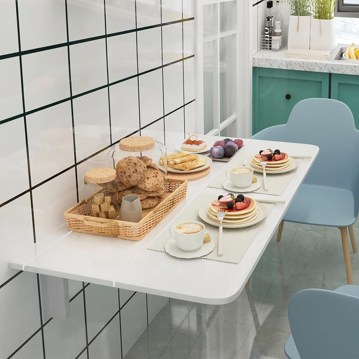 COSTWAY Wall Mounted Folding Table, 31.5" x 23.5" Drop-Leaf Floating Writing Desk for Small Spaces, Space-Saving Fold Down Laptop Workstation for Kitchen, Bedroom, Laundry Room, Study Room (White)