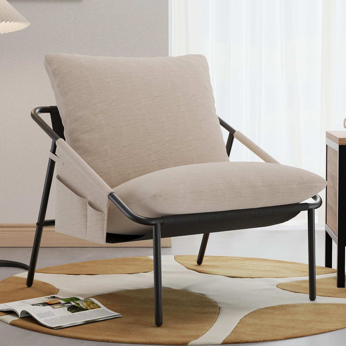 Apicizon Accent Chairs Set of 2, Cozy Soft Living Room Chairs, Modern Metal Frame Reading Chair with Pockets Back Pillow, Comfortable Accent Chair for Study Room Bedroom Office, Beige