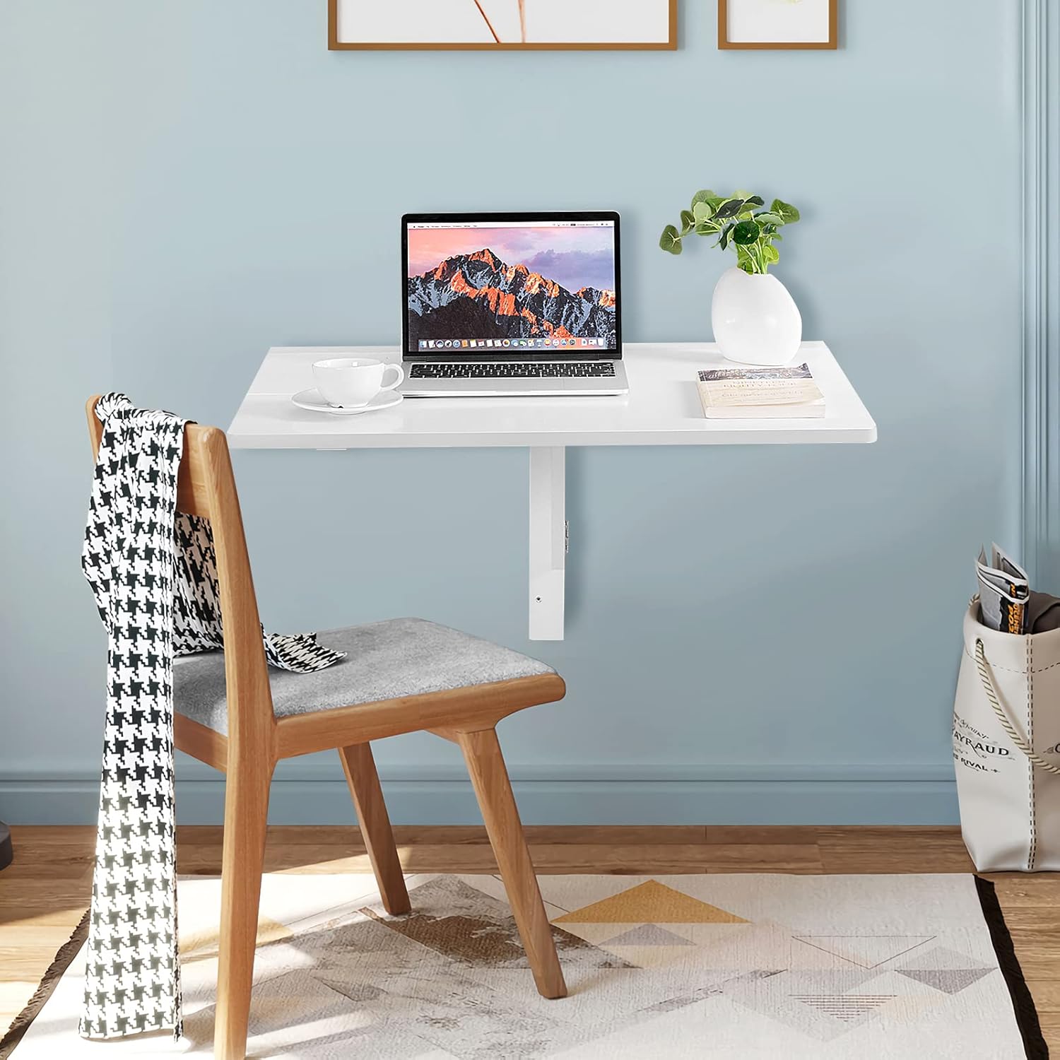 COSTWAY Wall Mounted Folding Table, 31.5" x 23.5" Drop-Leaf Floating Writing Desk for Small Spaces, Space-Saving Fold Down Laptop Workstation for Kitchen, Bedroom, Laundry Room, Study Room (White)