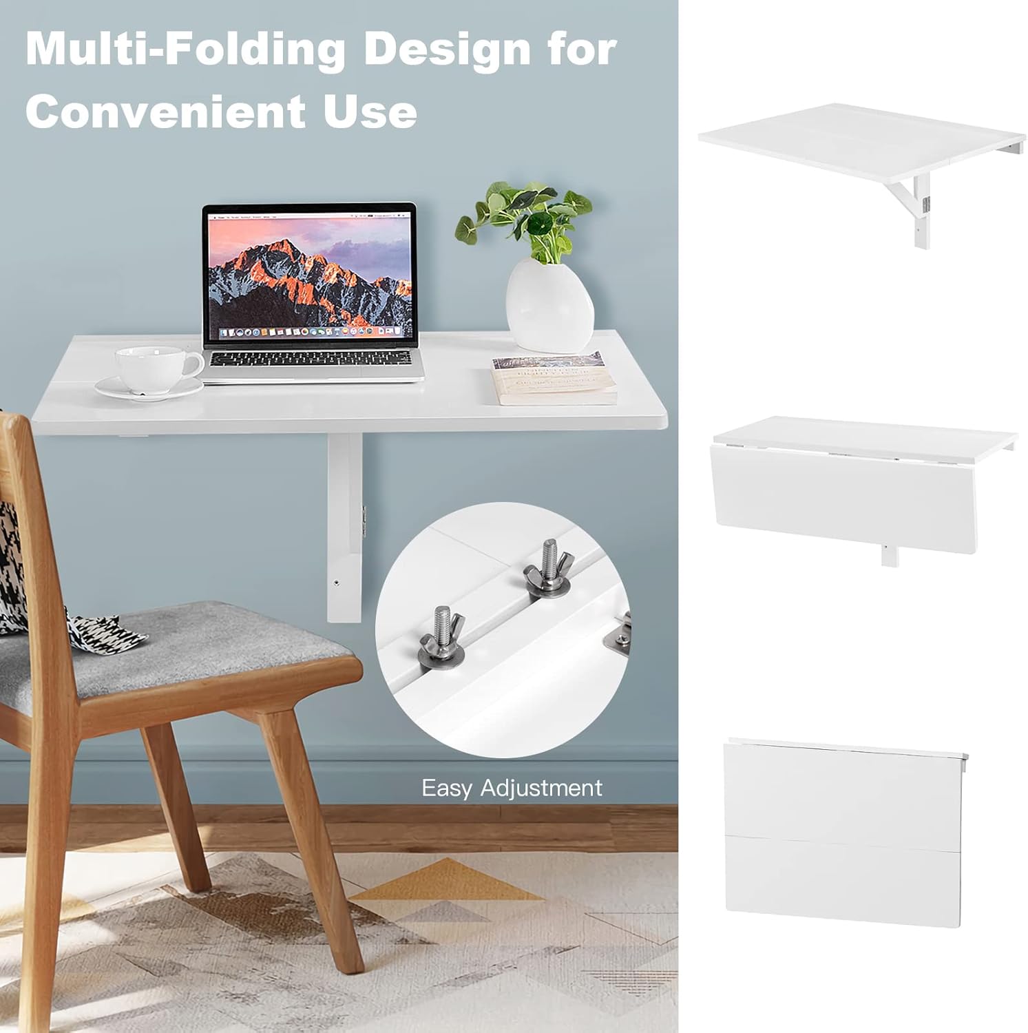 COSTWAY Wall Mounted Folding Table, 31.5" x 23.5" Drop-Leaf Floating Writing Desk for Small Spaces, Space-Saving Fold Down Laptop Workstation for Kitchen, Bedroom, Laundry Room, Study Room (White)