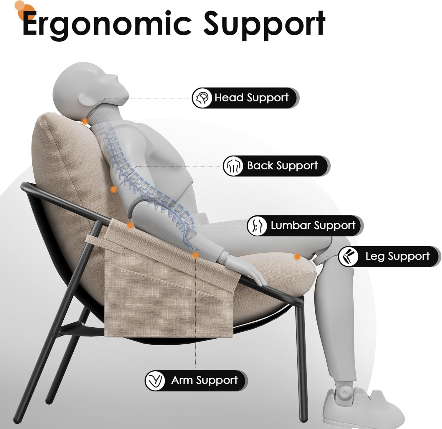 Apicizon Accent Chairs Set of 2, Cozy Soft Living Room Chairs, Modern Metal Frame Reading Chair with Pockets Back Pillow, Comfortable Accent Chair for Study Room Bedroom Office, Beige