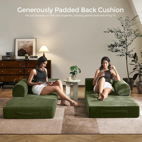 79" Convertible Sofa Bed with Fixed-Shape Frame & Removable Armrests, Modular Corduroy Sleeper Sofa, Folding Mattress Couch for Small Spaces - No Assembly Needed in Green (Includes 2 Pillows)