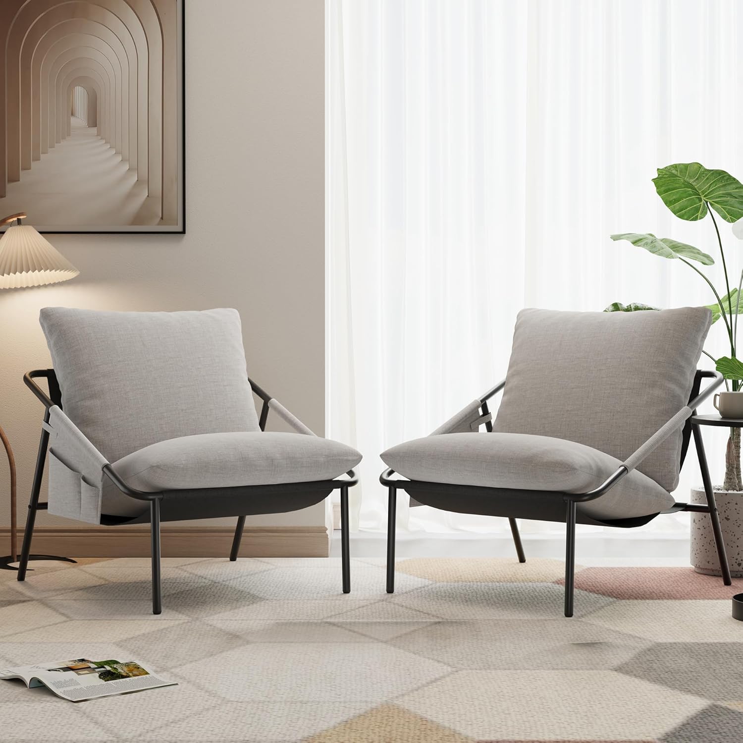 Apicizon Accent Chairs Set of 2, Cozy Soft Living Room Chairs, Modern Metal Frame Reading Chair with Pockets Back Pillow, Comfortable Accent Chair for Study Room Bedroom Office, Beige