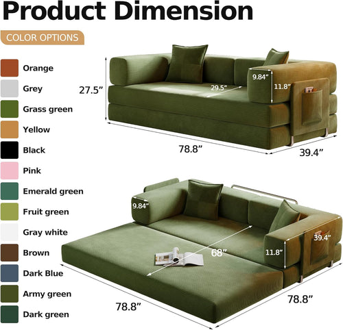78.8" Convertible Sofa Bed,Corduroy Futon Couch with Storage Pocket,Folding Pull Out Futon Sofa,No Assembly Boneless Couch for Living Room,Green