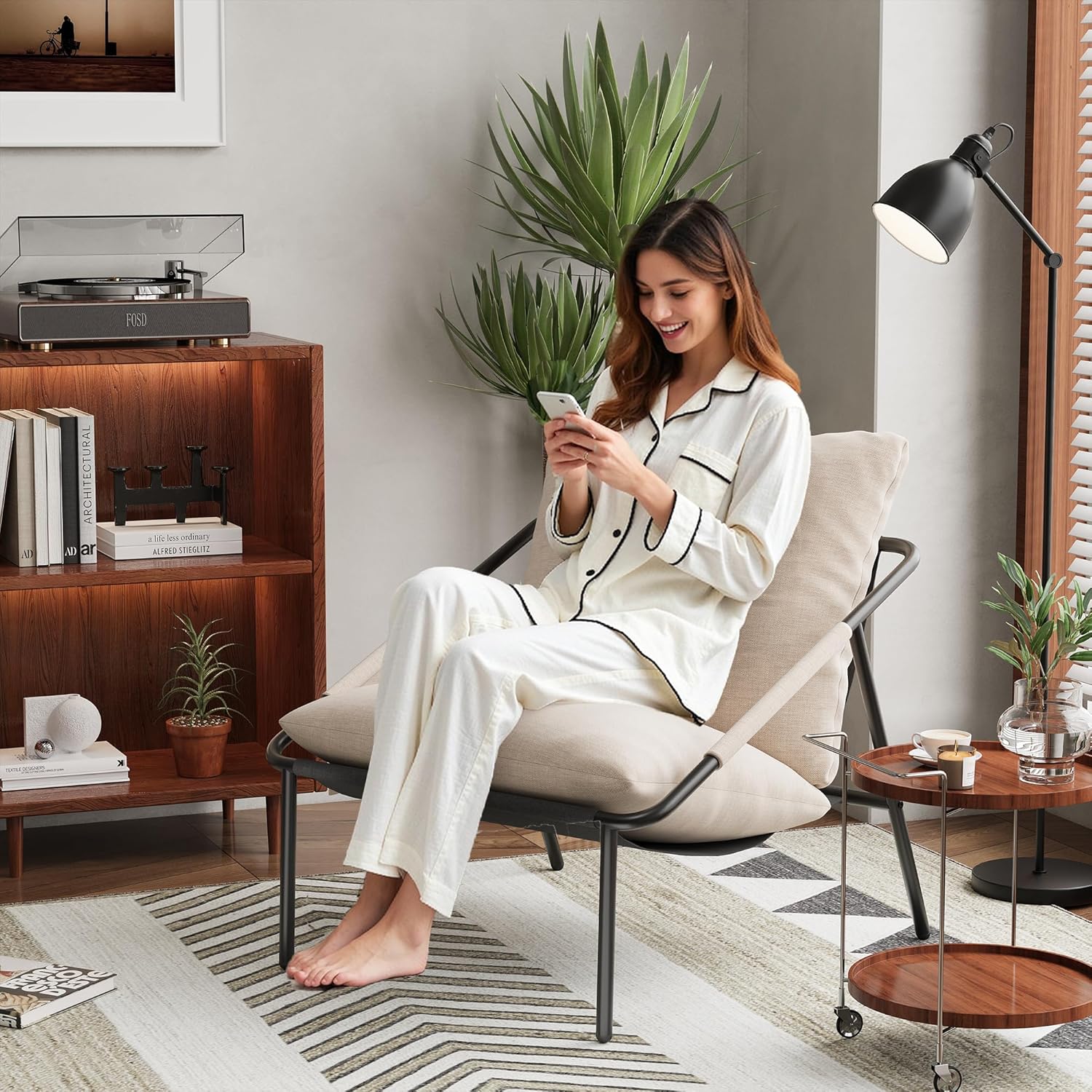 Apicizon Accent Chairs Set of 2, Cozy Soft Living Room Chairs, Modern Metal Frame Reading Chair with Pockets Back Pillow, Comfortable Accent Chair for Study Room Bedroom Office, Beige