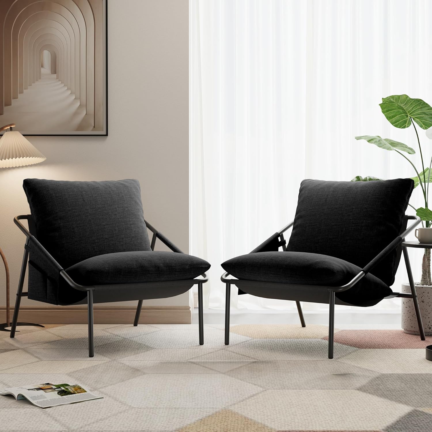 Apicizon Accent Chairs Set of 2, Cozy Soft Living Room Chairs, Modern Metal Frame Reading Chair with Pockets Back Pillow, Comfortable Accent Chair for Study Room Bedroom Office, Beige