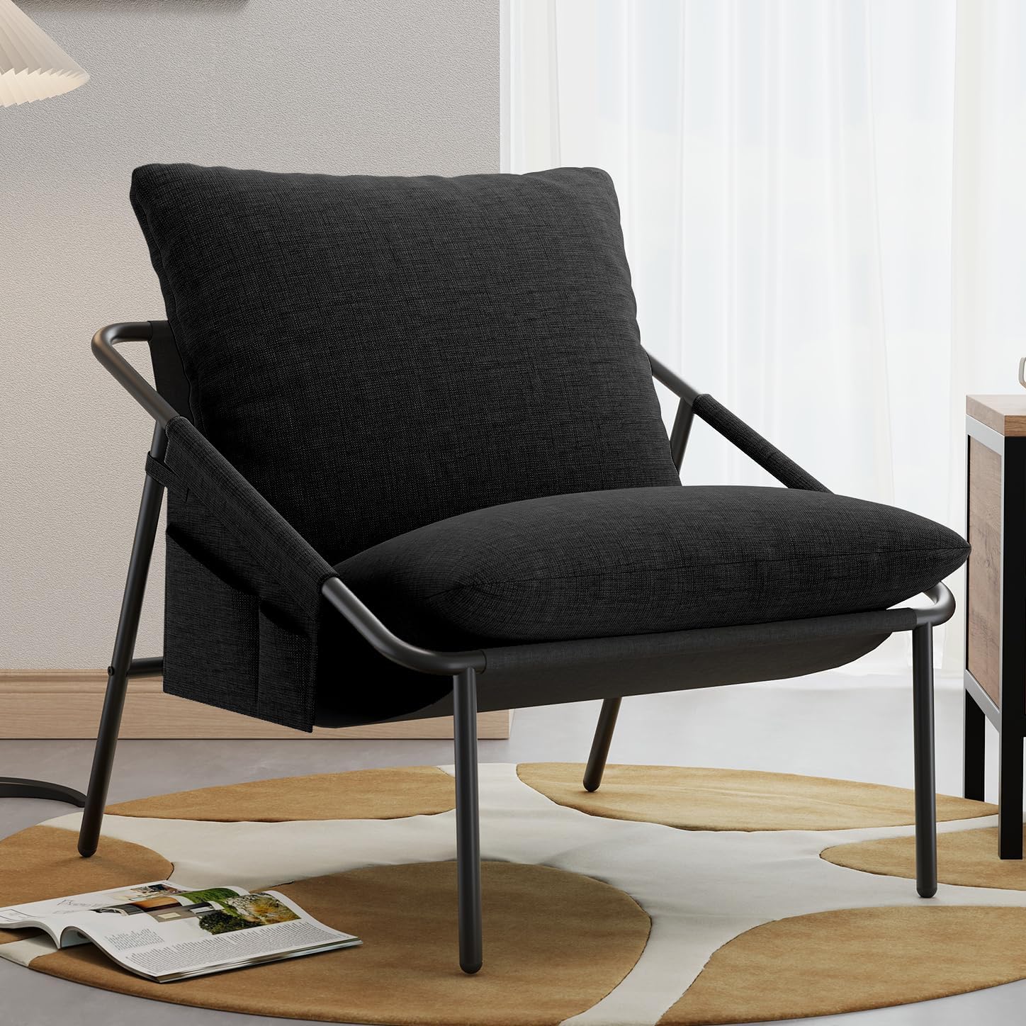 Apicizon Accent Chairs Set of 2, Cozy Soft Living Room Chairs, Modern Metal Frame Reading Chair with Pockets Back Pillow, Comfortable Accent Chair for Study Room Bedroom Office, Beige