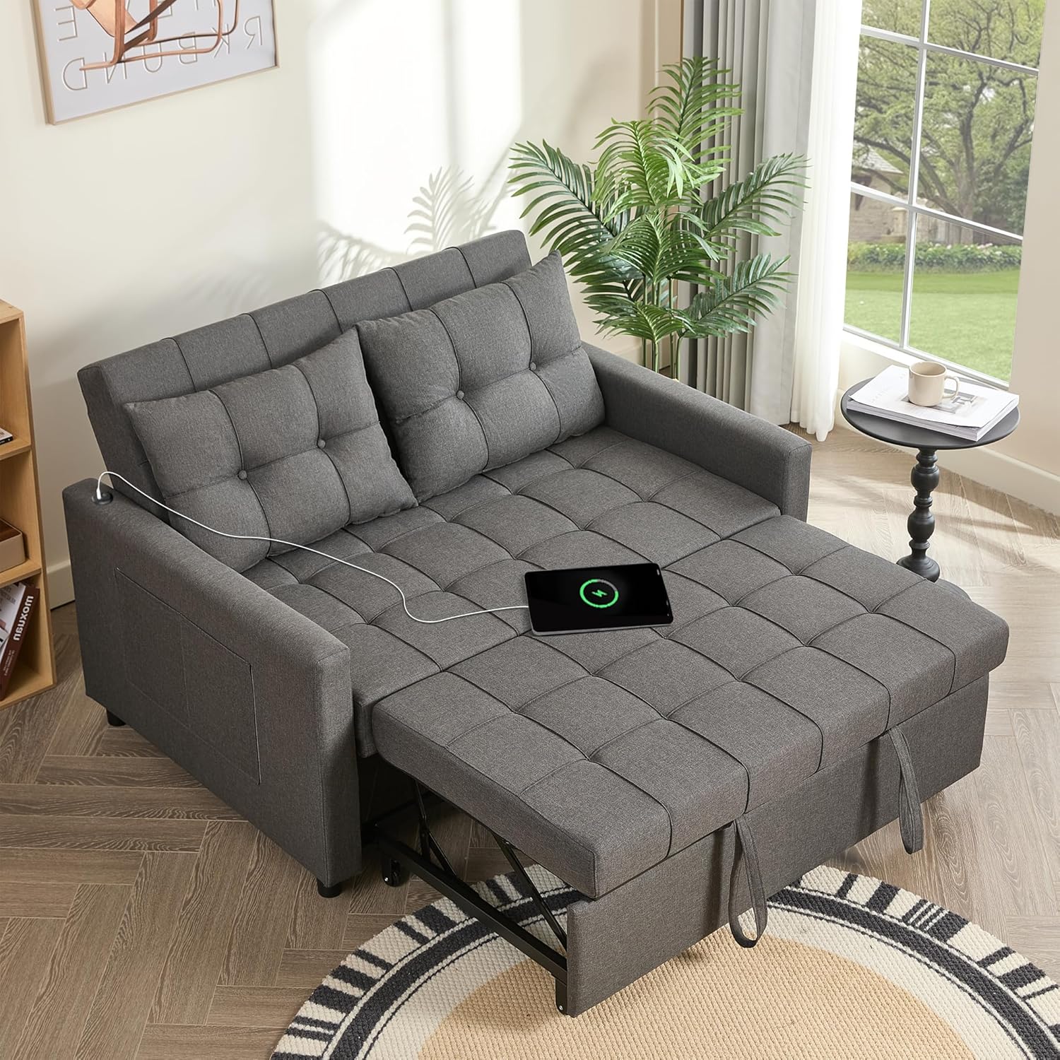 52" Sleeper Sofa with Pull-Out Bed, 3-in-1 Convertible Sofa Bed, Loveseat with Stepless Adjustable Backrest and Side Pocket, for Living Room Dorm Apartment, Linen, Light Gray