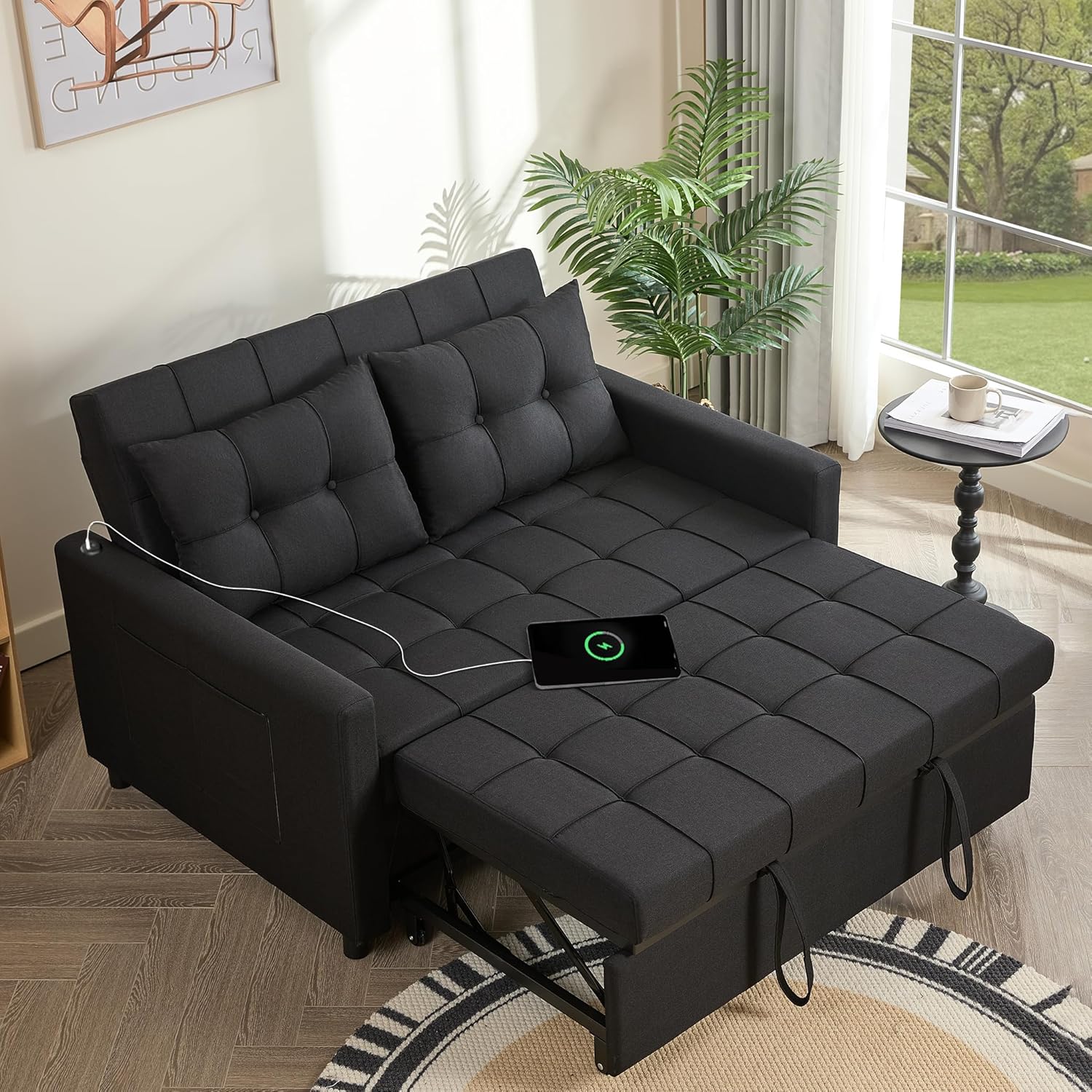 52" Sleeper Sofa with Pull-Out Bed, 3-in-1 Convertible Sofa Bed, Loveseat with Stepless Adjustable Backrest and Side Pocket, for Living Room Dorm Apartment, Linen, Light Gray