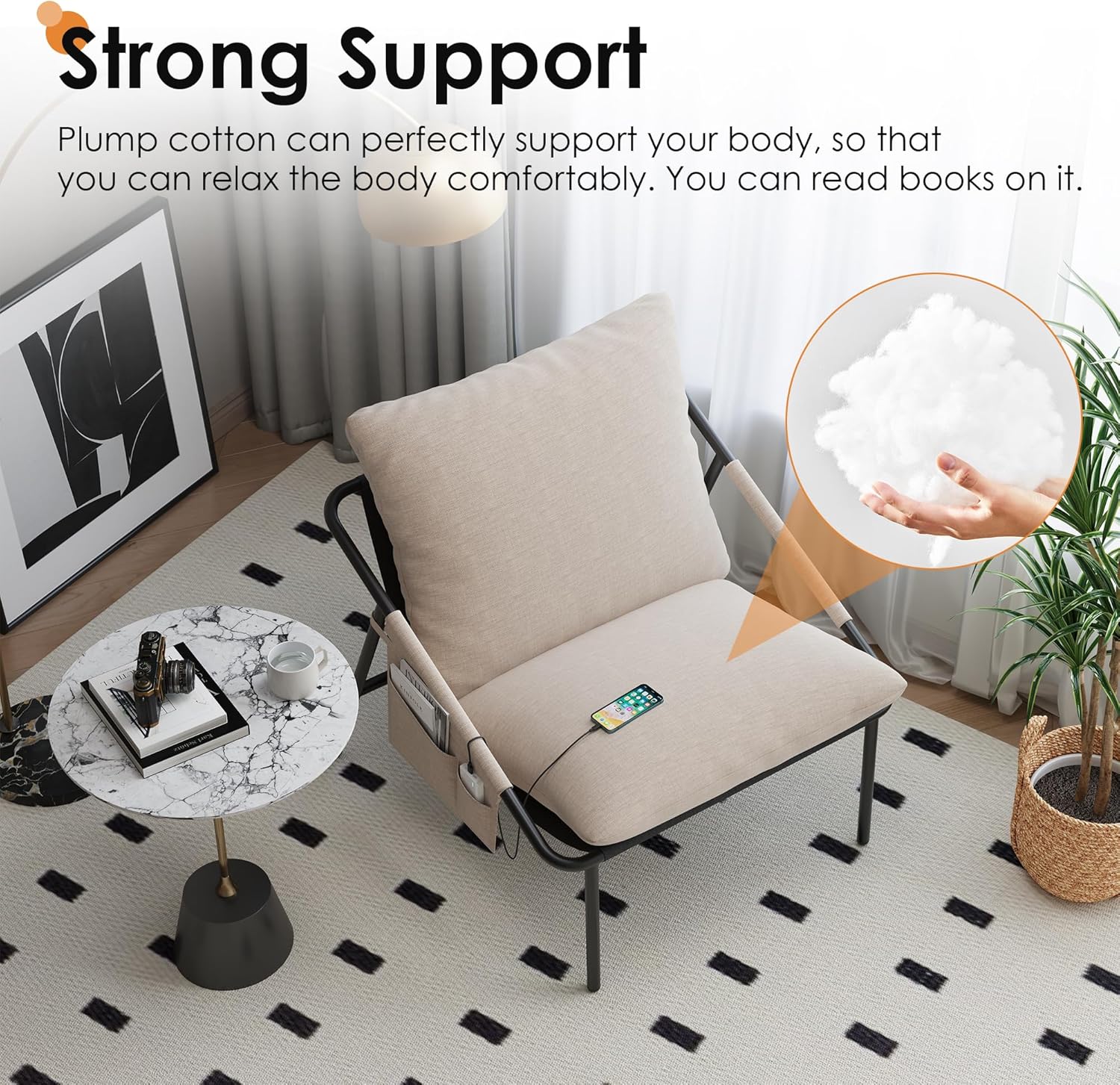 Apicizon Accent Chairs Set of 2, Cozy Soft Living Room Chairs, Modern Metal Frame Reading Chair with Pockets Back Pillow, Comfortable Accent Chair for Study Room Bedroom Office, Beige