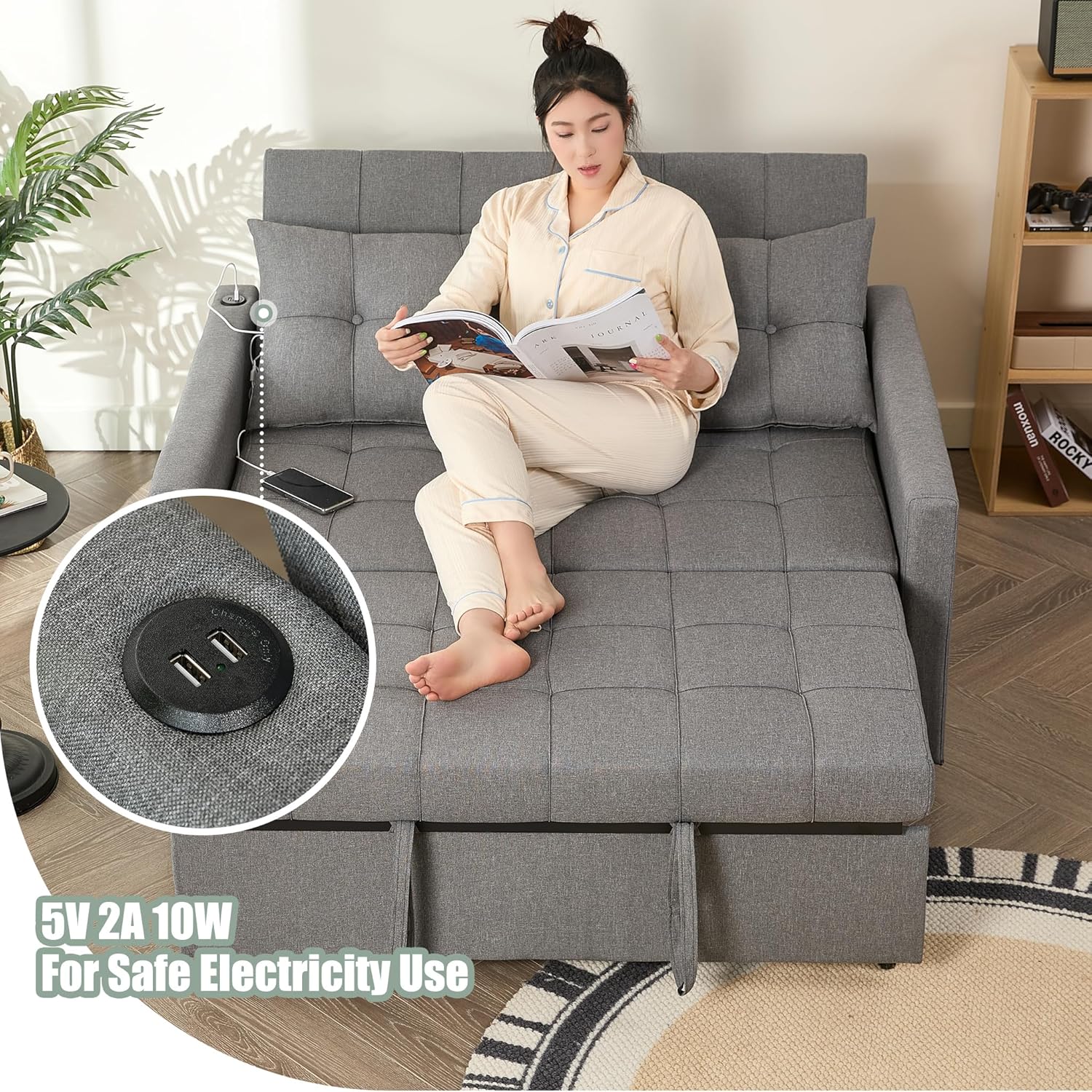 52" Sleeper Sofa with Pull-Out Bed, 3-in-1 Convertible Sofa Bed, Loveseat with Stepless Adjustable Backrest and Side Pocket, for Living Room Dorm Apartment, Linen, Light Gray